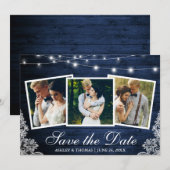 Rustic Blue Wood Licht Lace 3 Foto slaat de datum  Save The Date (Voorkant / Achterkant)