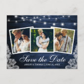 Rustic Blue Wood Licht Lace 3 Foto slaat de datum Uitnodiging Briefkaart (Voorkant)