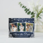 Rustic Blue Wood Licht Lace 3 Foto slaat de datum Uitnodiging Briefkaart (Staand voorkant)