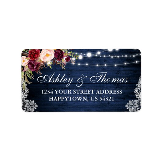 Rustic Blue Wood Lights Lace Floral Address Etiket (Voorkant)