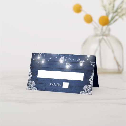 Rustic Blue Wood Mason Jar Lights Wedding Plaatskaartje (Voorkant)