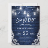 Rustic Blue Wood Mason Jars Lights Lace Wedding Save The Date (Voorkant)