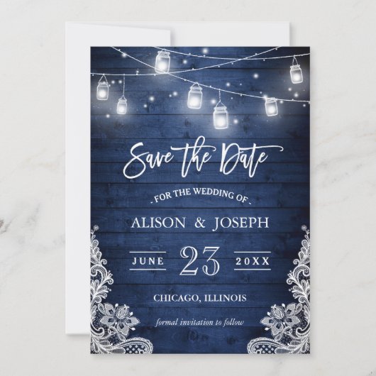 Rustic Blue Wood Mason Jars Lights Lace Wedding Save The Date (Voorkant)
