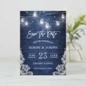 Rustic Blue Wood Mason Jars Lights Lace Wedding Save The Date (Staand voorkant)