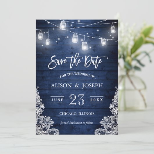 Rustic Blue Wood Mason Jars Lights Lace Wedding Save The Date (Staand voorkant)