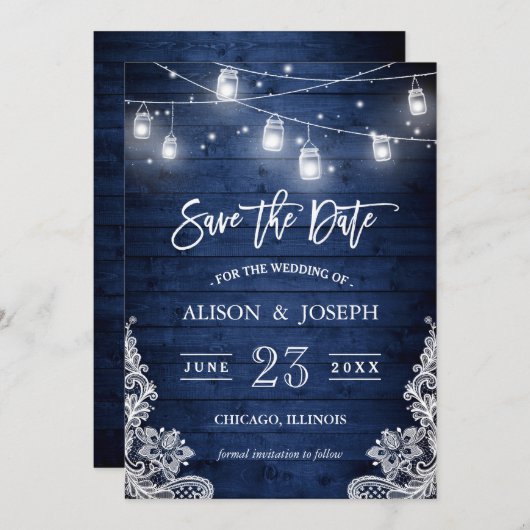Rustic Blue Wood Mason Jars Lights Lace Wedding Save The Date (Voorkant / Achterkant)