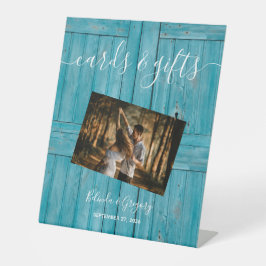 Rustic Blue Wood Photo Weddenschappen Gifts Reclamebord Met Voetstuk