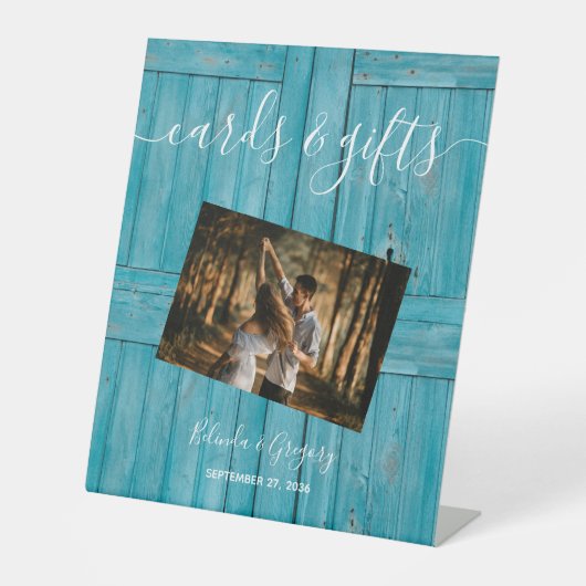 Rustic Blue Wood Photo Weddenschappen Gifts Reclamebord Met Voetstuk (Voorkant)