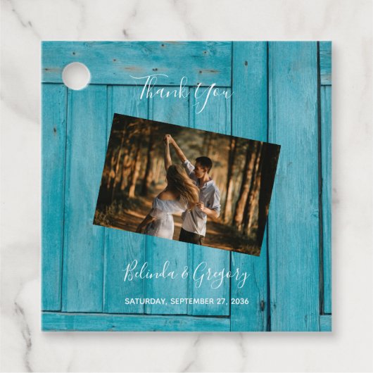 Rustic Blue Wood Photo Wedding Gift Bedankjes Labels (Voorkant)