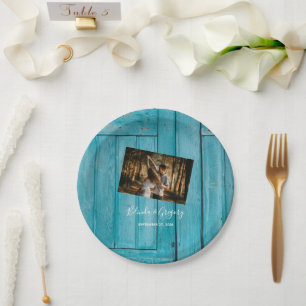 Rustic Blue Wood Photo Wedding Papieren Bordje