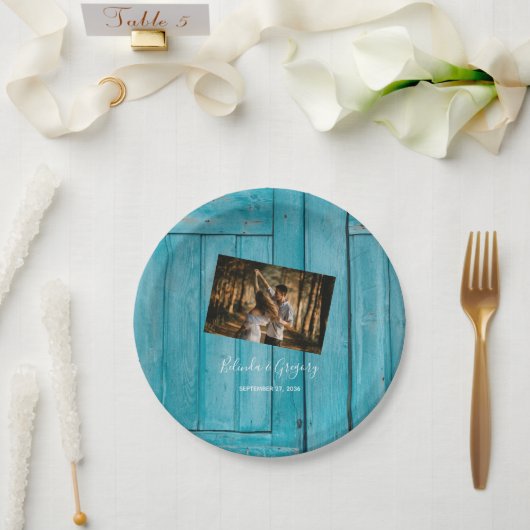 Rustic Blue Wood Photo Wedding Papieren Bordje (Huwelijk)