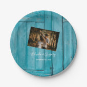 Rustic Blue Wood Photo Wedding Papieren Bordje (Voorkant)