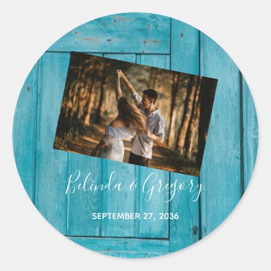 Rustic Blue Wood Photo Wedding Ronde Sticker (Voorkant)