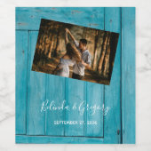 Rustic Blue Wood Photo Wedding Wijn Etiket (Enkel label)