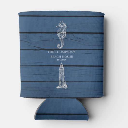 Rustic Blue Wood Seahorse Lighthouse Beach House Blikjeskoeler (Achterkant)