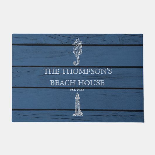 Rustic Blue Wood Seahorse Lighthouse Beach House Deurmat (Voorkant)