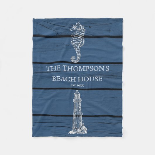 Rustic Blue Wood Seahorse Lighthouse Beach House Fleece Deken (Voorkant)
