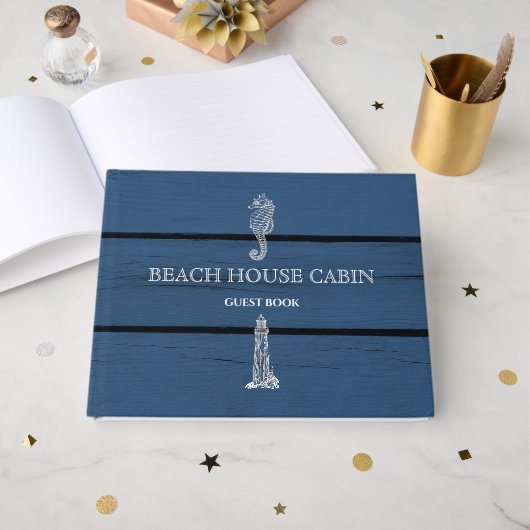 Rustic Blue Wood Seahorse Lighthouse Beach House Gastenboek (Voorkant open)