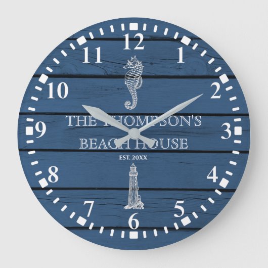 Rustic Blue Wood Seahorse Lighthouse Beach House Grote Klok (Voorkant)