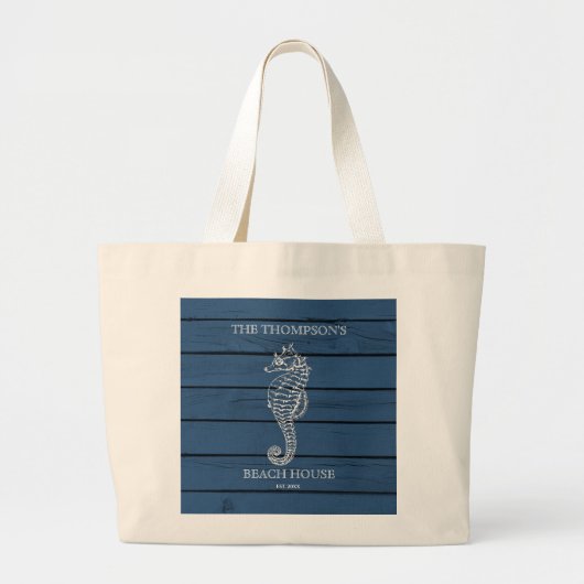 Rustic Blue Wood Seahorse Lighthouse Beach House Grote Tote Bag (Voorkant)