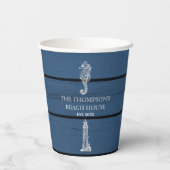 Rustic Blue Wood Seahorse Lighthouse Beach House Papieren Bekers (Achterkant)