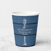 Rustic Blue Wood Seahorse Lighthouse Beach House Papieren Bekers (Voorkant)