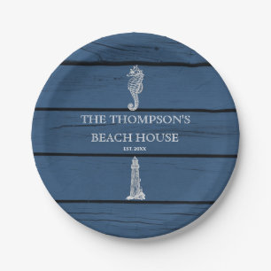 Rustic Blue Wood Seahorse Lighthouse Beach House Papieren Bordje