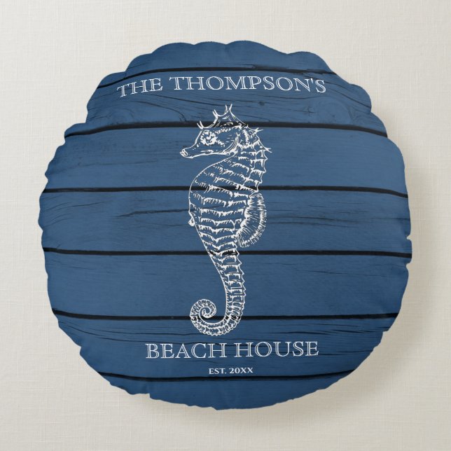 Rustic Blue Wood Seahorse Lighthouse Beach House Rond Kussen (Voorkant)