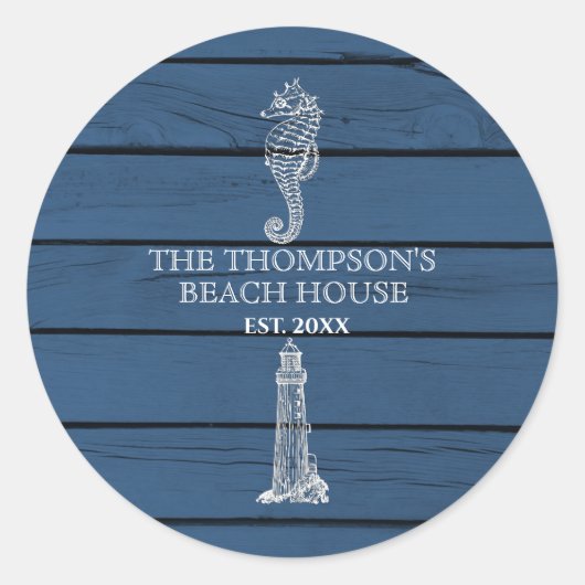 Rustic Blue Wood Seahorse Lighthouse Beach House Ronde Sticker (Voorkant)