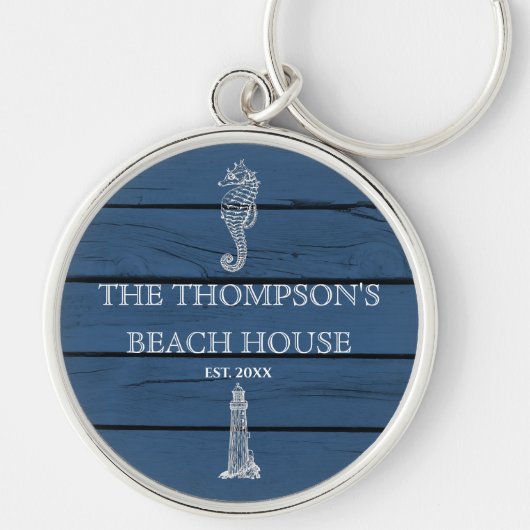Rustic Blue Wood Seahorse Lighthouse Beach House Sleutelhanger (Voorkant)