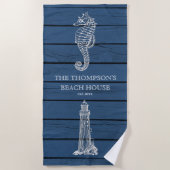 Rustic Blue Wood Seahorse Lighthouse Beach House Strandlaken (Voorkant)