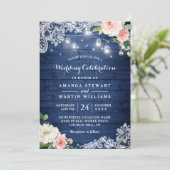 Rustic Blue Wood String Lights Floral Wedding Kaart (Staand voorkant)