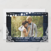 Rustic Blue Wood String Lights Lace Foto Save The Date (Voorkant)