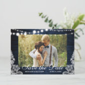 Rustic Blue Wood String Lights Lace Foto Save The Date (Staand voorkant)
