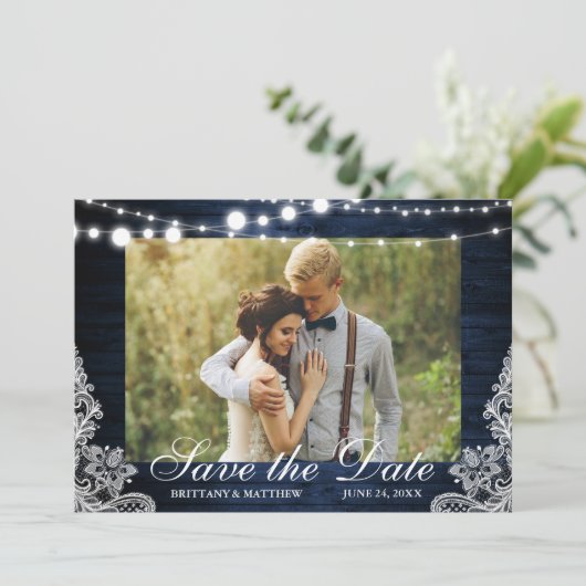 Rustic Blue Wood String Lights Lace Foto Save The Date (Staand voorkant)