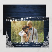 Rustic Blue Wood String Lights Lace Foto Save The Date (Voorkant / Achterkant)