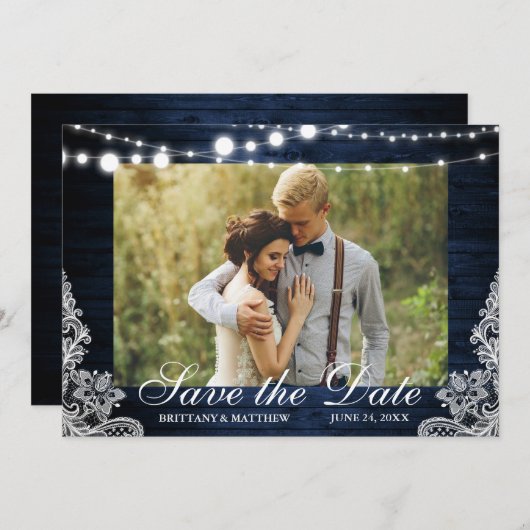 Rustic Blue Wood String Lights Lace Foto Save The Date (Voorkant / Achterkant)