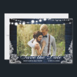 Rustic Blue Wood String Lights Lace Foto Save The Date<br><div class="desc">Rustic Wedding Blue Wood String Lights Link Photo Save the Date Kaart</div>