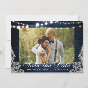Rustic Blue Wood String Lights Lace Foto Save The Date