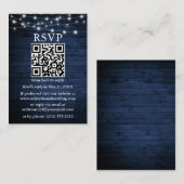 Rustic Blue Wood String Lights QR Wedding RSVP Informatiekaartje (Voorkant / Achterkant)
