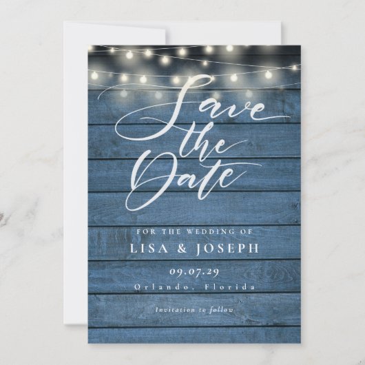 Rustic Blue Wood String Lights Save The Date (Voorkant)