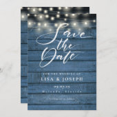 Rustic Blue Wood String Lights Save The Date (Voorkant / Achterkant)