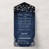 Rustic Blue Wood String Lights Wedding All In One Uitnodiging (Binnen)