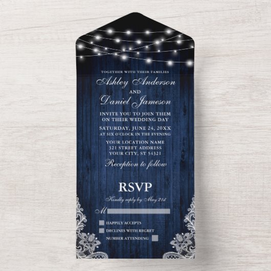 Rustic Blue Wood String Lights Wedding All In One Uitnodiging (Binnen)