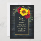 Rustic Blue Wood Sunflower Burgundy Roos Wedding Save The Date (Voorkant)