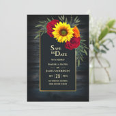 Rustic Blue Wood Sunflower Burgundy Roos Wedding Save The Date (Staand voorkant)