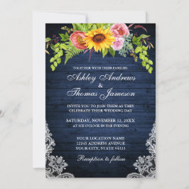 Rustic Blue Wood Sunflower Floral Lace Wedding Kaart