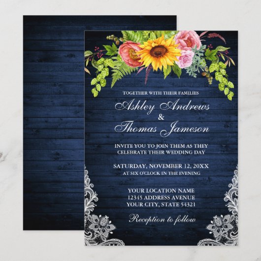 Rustic Blue Wood Sunflower Floral Lace Wedding Kaart (Voorkant / Achterkant)