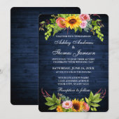 Rustic Blue Wood Sunflower Floral Wedding Kaart (Voorkant / Achterkant)