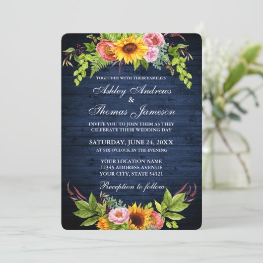 Rustic Blue Wood Sunflower Floral Wedding Kaart (Staand voorkant)